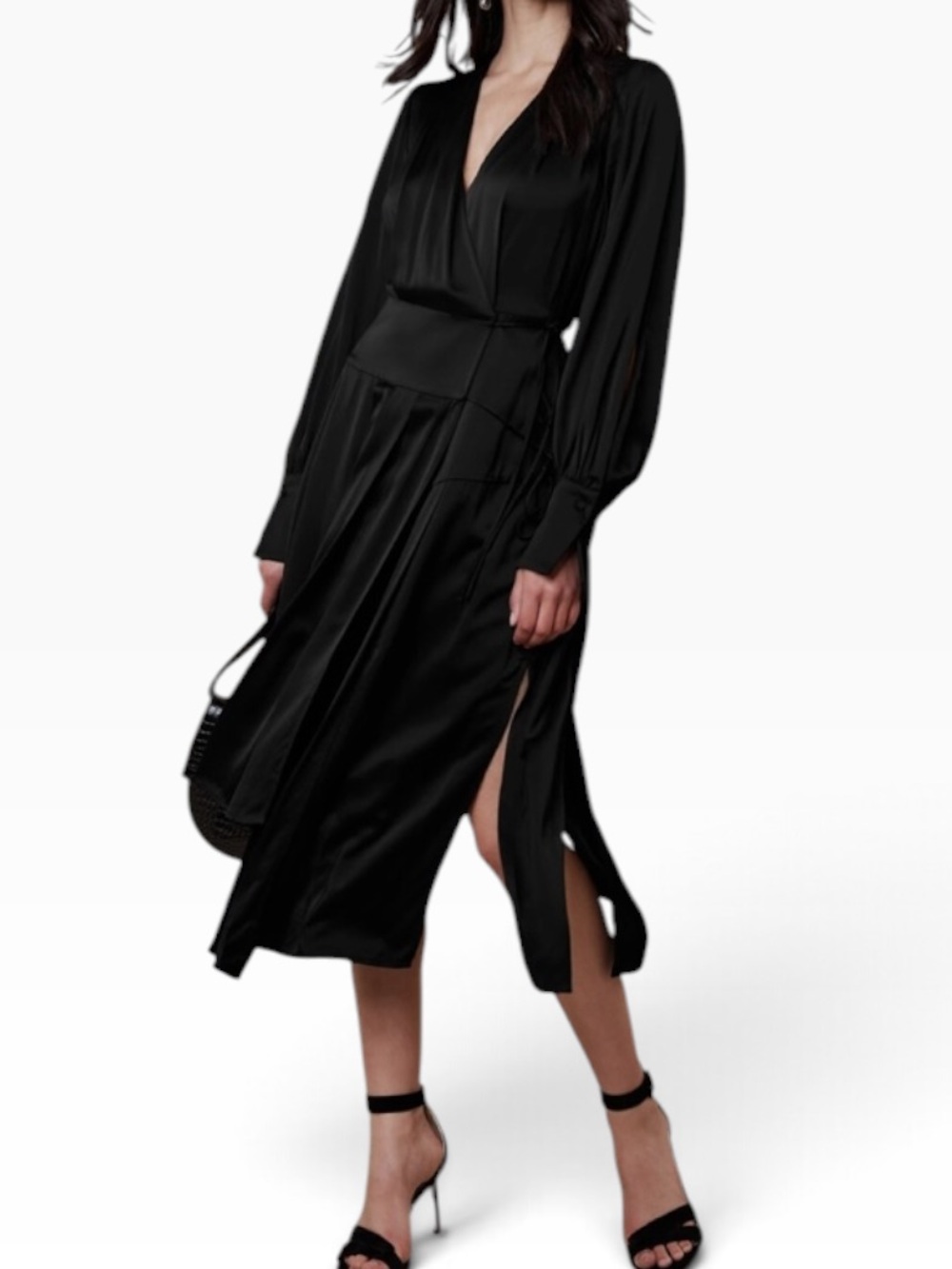 Banana Republic "Lydia" Black Long-Sleeve Asymmetrical  Wrap Midi Dress L